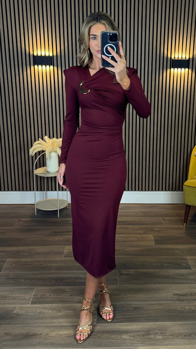 Mary™ | Vestido midi burdeos con detalles dorados