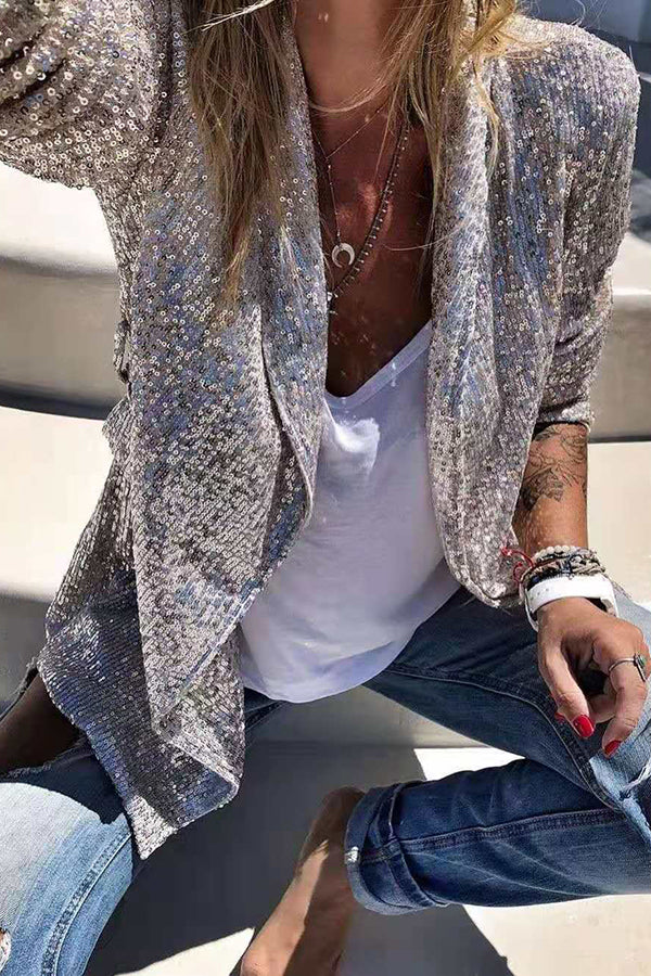 Elena™ | Blazer largo de lentejuelas con cuello solapa