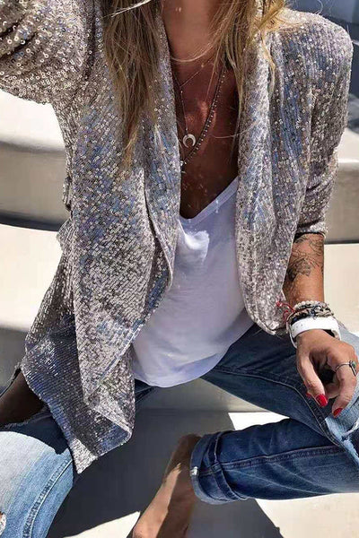 Elena™ | Blazer largo de lentejuelas con cuello solapa