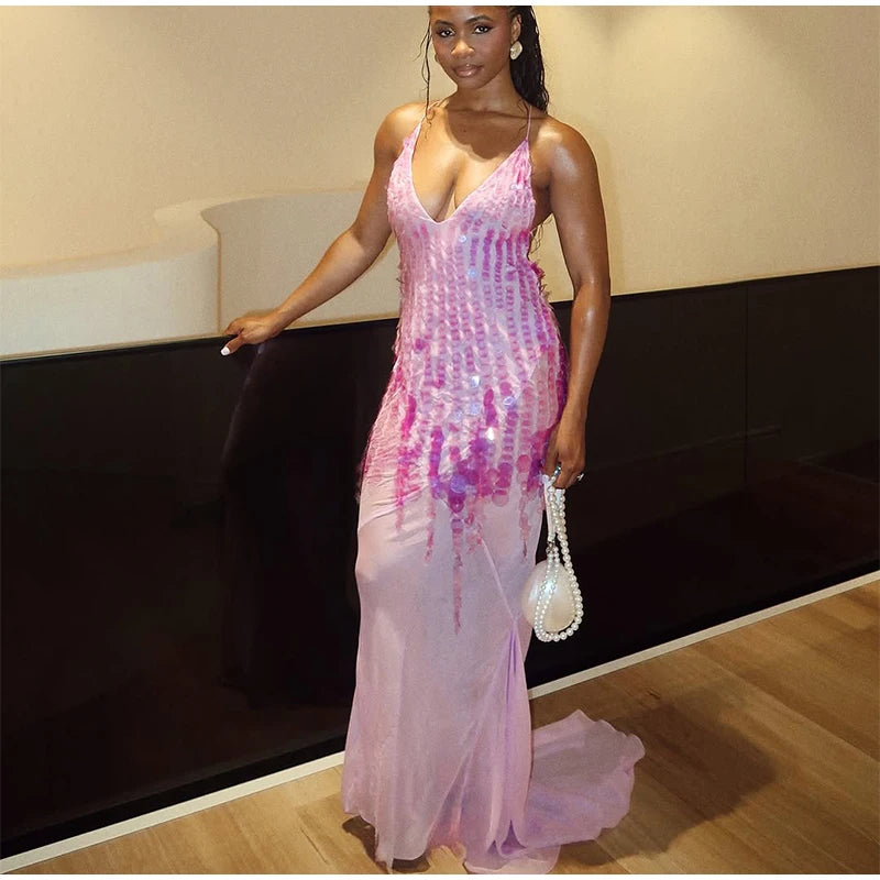 Cleo™ | Vestido largo de lentejuelas con espalda descubierta
