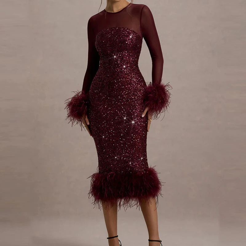 Mirabelle™ | Vestido midi de lentejuelas con plumas