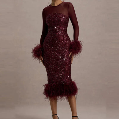 Mirabelle™ | Vestido midi de lentejuelas con plumas