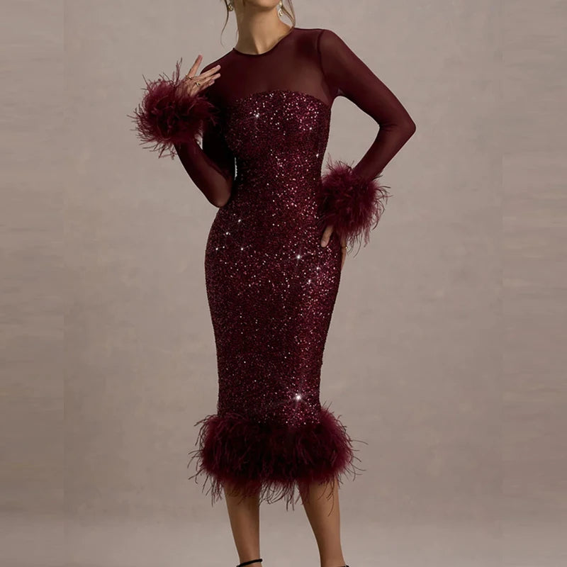 Mirabelle™ | Vestido midi de lentejuelas con plumas