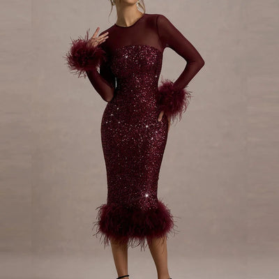 Mirabelle™ | Vestido midi de lentejuelas con plumas