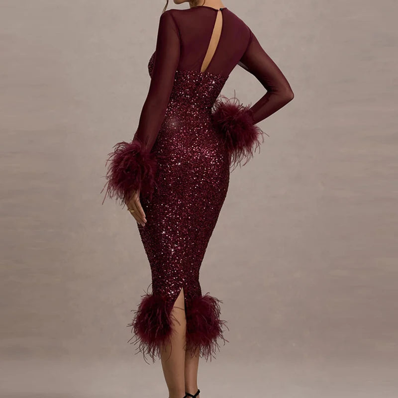 Mirabelle™ | Vestido midi de lentejuelas con plumas