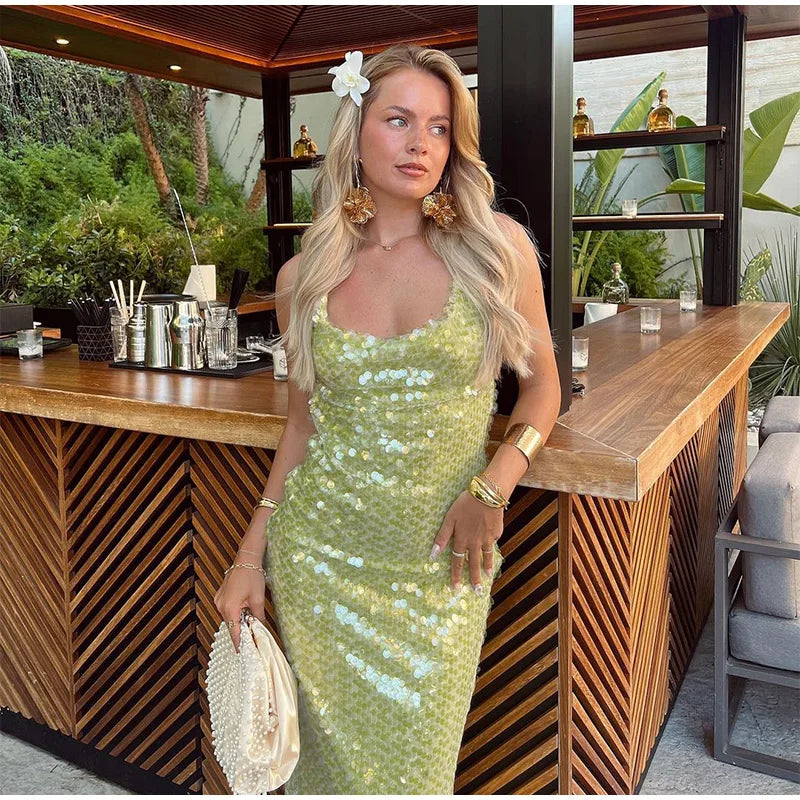 Cleo™ | Vestido largo de lentejuelas con espalda descubierta