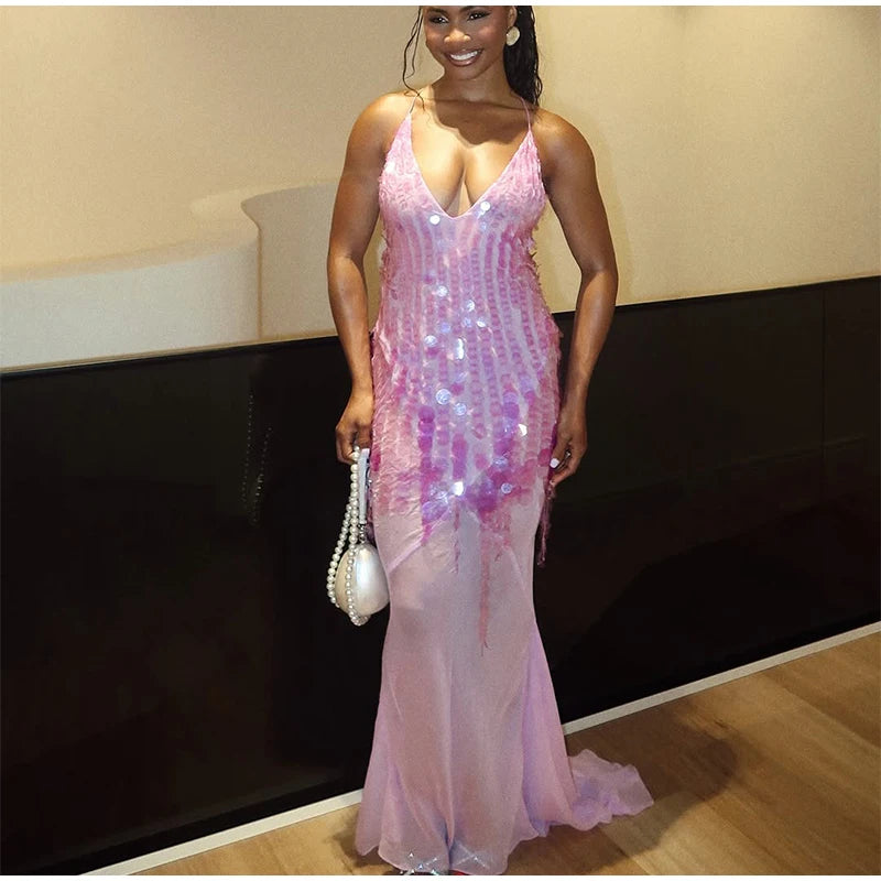 Cleo™ | Vestido largo de lentejuelas con espalda descubierta