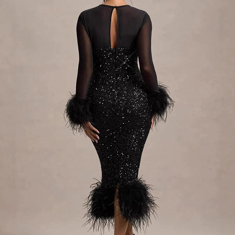 Mirabelle™ | Vestido midi de lentejuelas con plumas