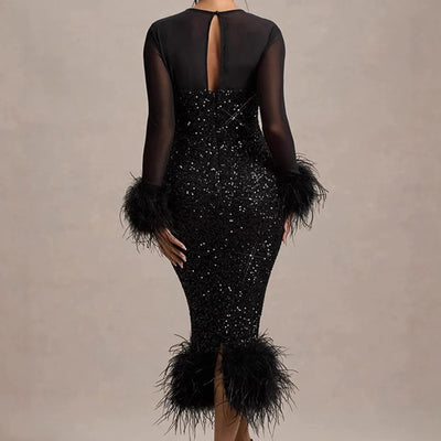 Mirabelle™ | Vestido midi de lentejuelas con plumas