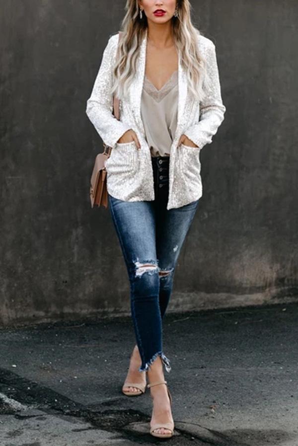 Elena™ | Blazer largo de lentejuelas con cuello solapa