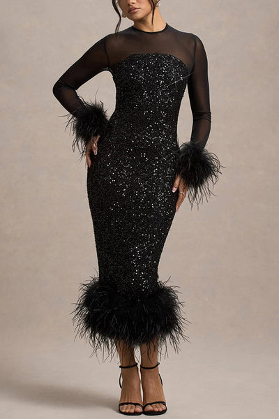 Mirabelle™ | Vestido midi de lentejuelas con plumas