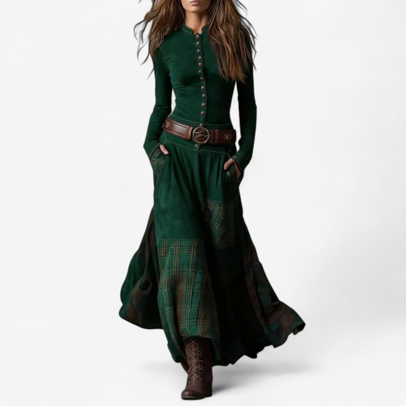 Naylen™ | Vestido maxi ante y tartán