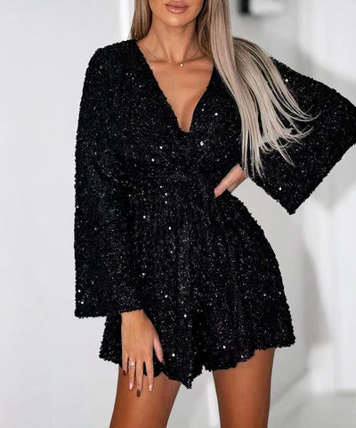 Luna™ | Romper de lentejuelas con cinturón y escote en V